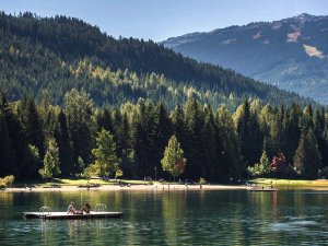 People relaxing by the lake in Whistler