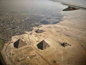 View from plane of Giza Pyramids below