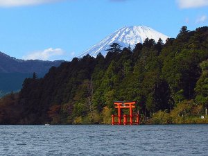 Mount Fuji in distance behind Hakone Shrine