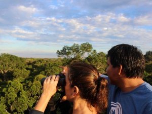 People looking through binoculars in the Amazon