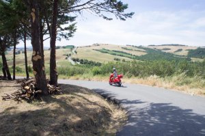 Woman on red moped riding through green hills