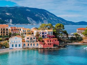 colourful buildings seafront Kefalonia Greece