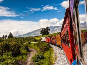 Red train driving through fields