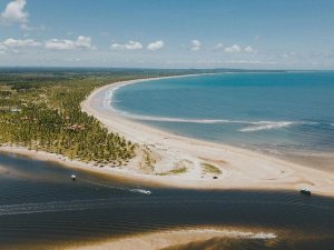 Aerial view of peaceful white sand Boipeba beach