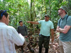 Tourists in the Amazon jungle on guided walk Brazil