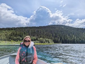 Emma in rowing boat Alpine Meadows