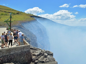 People gathered at cliff viewpoint Masaya Volcano