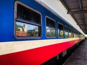 Red white and red train in Vietnam