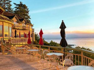 Hotel by the sea at sunset 
