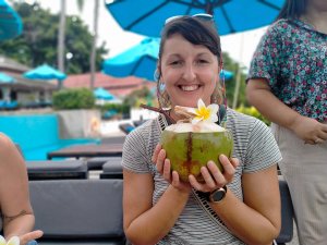 Katy holding coconut