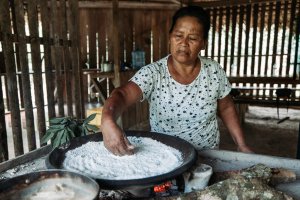 Woman toasting yuca flour over an open fire in a traditional wooden kitchen, Ecuadorian Amazon