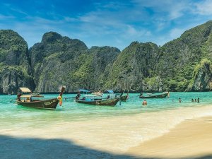 Ko Phi Phi beach boats and people in water