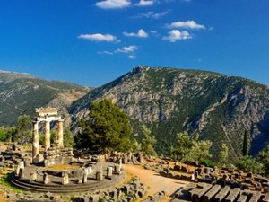 ancient Delphi archaeological remains mountains in background